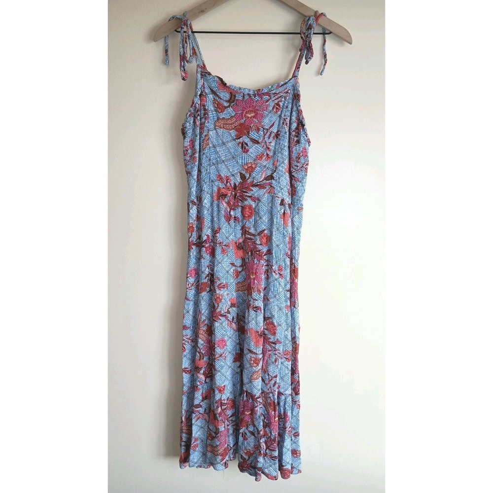 Knox Rose Blue Floral Smocked Midi Dress Boho Tie Shoulder Size Large